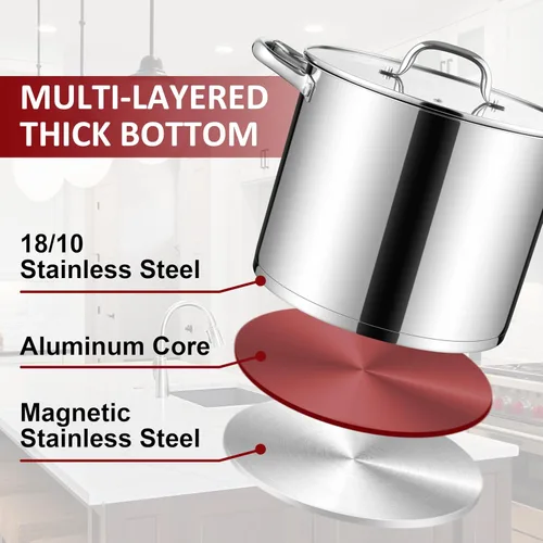 Miniatura 7 de Herogo Olla de acero inoxidable 18/10 de 12 cuartos de galón con tapa, olla grande y resistente compatible con cocinas eléctricas, de gas