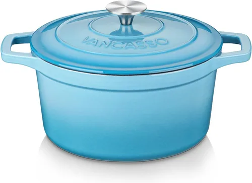 vancasso Horno holandés de hierro fundido esmaltado de 6 cuartos de galón con tapa, olla azul redonda con revestimiento de esmalte antiadherente