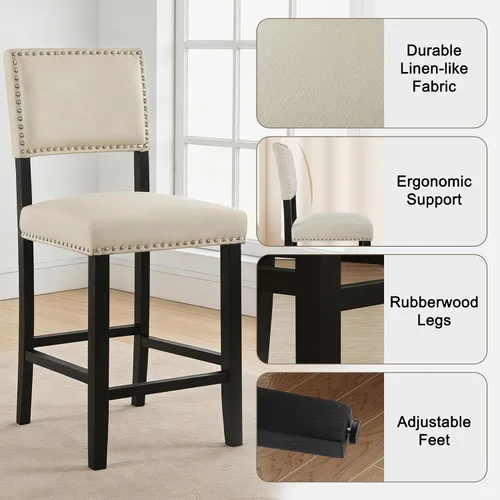 Miniatura 6 de LSSBOUGHT Taburete de bar tapizado de tela de lino con patas de madera de goma, silla de bar con ribete clavado para isla de cocina