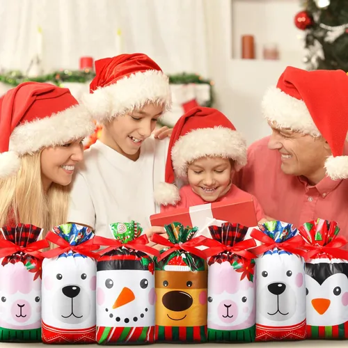 Miniatura 6 de Funrous 50 bolsas de dulces de Navidad a granel, bolsas de plástico con cordón de regalo, alce, muñeco de nieve, pingüino, bolsas de regalos