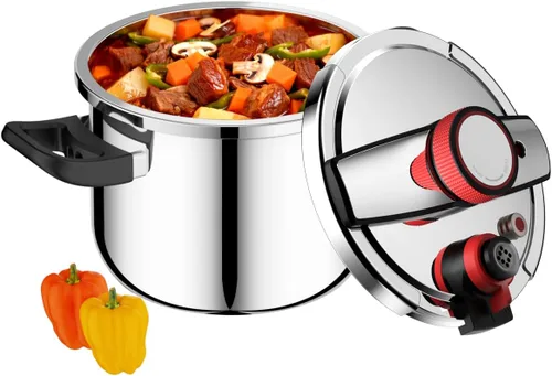 Olla a presión de acero inoxidable de 5.3 cuartos de galón, olla a presión pequeña con tapa de bloqueo con una mano, sistema de seguridad de doble