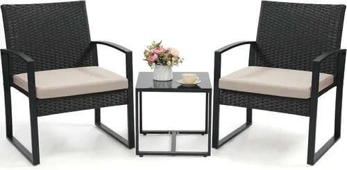 Murago juego de 3 piezas de mimbre para patio, juego de conversación de ratán con mesa de café, para balcón, porche, jardín, patio, alberca, marco