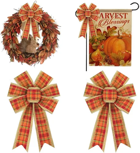 2 lazos de otoño para corona, lazos de corona de Acción de Gracias, lazos de lana cuadriculada roja y naranja, lazos de arpillera de otoño, lazos