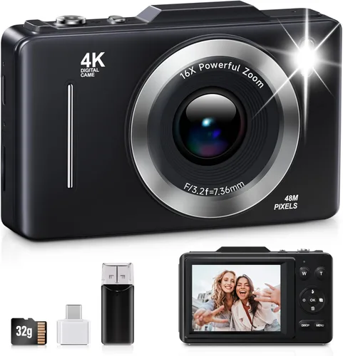 Cámara Digital, FHD 1080P Cámara para Niños Digital con Zoom 16x Anti Vibración, Tarjeta de 32GB, 4K 48MP Cámaras Compactas Portátiles de Apuntar y
