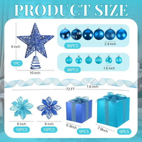 Miniatura 2 de Skylety Juego de 104 piezas de decoraciones para árbol de Navidad, adorno colgante azul de Navidad, bolas para árbol, estrella para la punta, flor