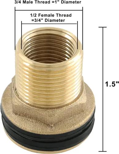 Miniatura 6 de 2 piezas de accesorios de mamparo de latón, conector de tanque de agua macho de 1/2 pulgada hembra de 3/4 pulgadas con 2 anillos de goma