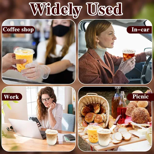 Miniatura 4 de Paquete de 60 vasos de plástico transparente con tapas para sorber sin pajilla, vasos desechables de PET cristal de 12 onzas para café helado
