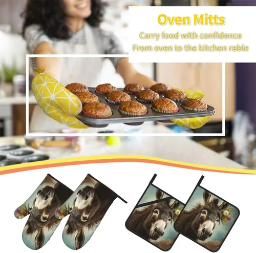 Miniatura 7 de Juego de 4 guantes de horno y soportes para ollas con estampado de animales burros, resistentes al calor, antideslizantes, guantes de horno