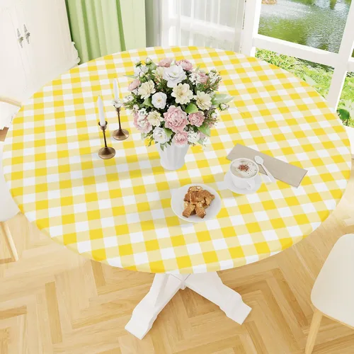 Miniatura 11 de Smiry - Mantel redondo de picnic de vinilo elástico impermeable con respaldo de franela, mantel de vinilo ajustable para mesas de 31-35 pulgadas