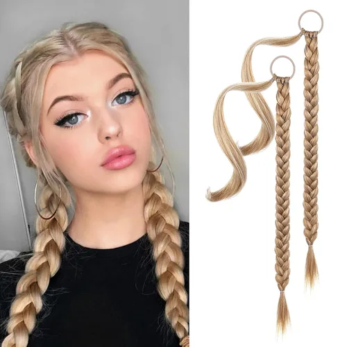 Miniatura 36 de YOGFIT 2 piezas Extensión de cola de caballo trenzada DIY, extensión de cola de caballo larga y lacia con envoltura natural, cabello sintético suave