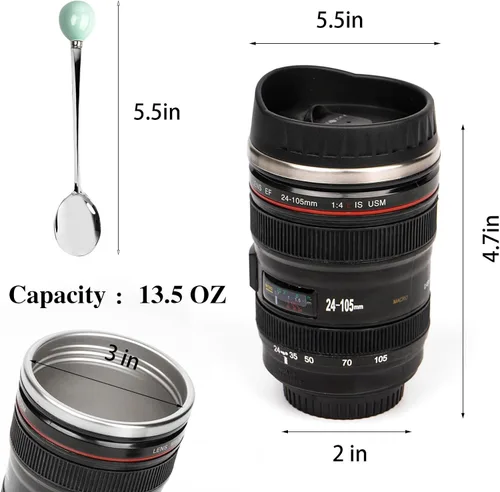 Miniatura 3 de Taza de café con lente de cámara, taza de café de viaje, taza de lente de acero inoxidable, termo con tapa y cuchara, regalos geniales para A azul