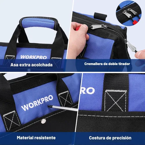 Miniatura 6 de WORKPRO Bolsa de herramientas de 13 pulgadas de boca ancha, bolsa de herramientas portátil con bolsillos interiores para almacenamiento de Azul