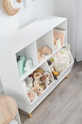 Miniatura 8 de Badger Basket Cubo de almacenamiento de 5 cubos con pies, organizador de madera para juguetes, libros y exhibición, con estante superior, cubos