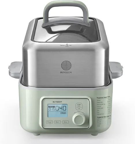 Miniatura 8 de BUYDEEM G67US Vaporera Eléctrica de Alimentos para Cocinar, Vaporera de Acero Inoxidable de 1 Nivel con Modo Manual, 1500W, 7 Cuartos, Verde