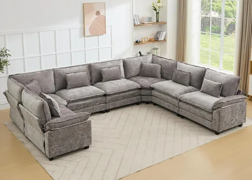 Miniatura 39 de Juego de sofá seccional modular de gran tamaño, sofá de nube convertible de asiento profundo, sofá esquinero grande en forma de L con cojines Beige