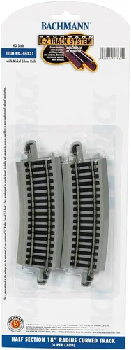 Miniatura 2 de Bachmann Trains - Raíl E-Z Track Half Section 18" RADIUS CURVED (4/tarjeta) - Riel de plata de níquel con plataforma gris - Escala HO, gris