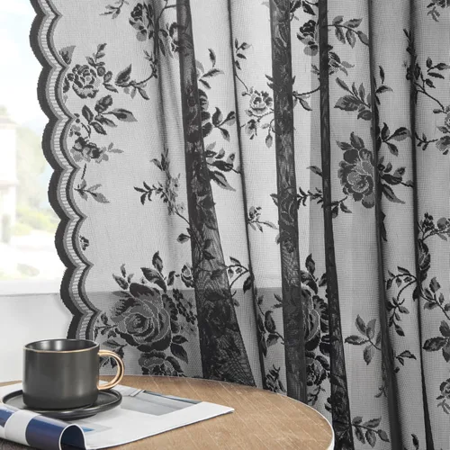 Miniatura 25 de SEEKRIGHT - 2 paneles de cortinas traslúcidas de encaje negro, cortinas góticas florales, cortinas victorianas con bolsillo para cortinero