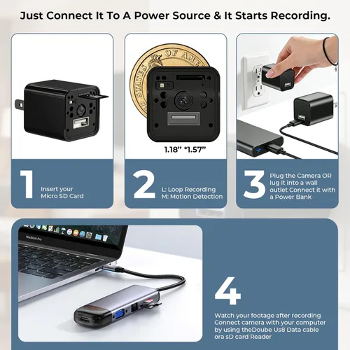 Miniatura 3 de Cargador USB 1080P HD Mini cámara de seguridad con visión nocturna, detección de movimiento, vigilancia inalámbrica en el hogar para mascotas
