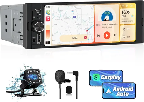 Estéreo Universal Single Din para Automóvil con CarPlay Inalámbrico y Android Auto, Unidad Principal de Pantalla Táctil IPS de 6.36 Pulgadas con
