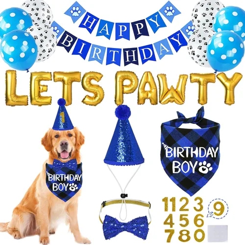 Miniatura 9 de STMK Decoraciones de cumpleaños para perros, sombrero de cumpleaños de perro de varios tamaños con números, bandana, corbatín, bandera, bandera