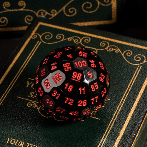 Miniatura 5 de Dados poliédricos mejorados de 100 caras (D100), 1.969 in, fuente negra/roja, dado único, dados de juego D&D, lata de almacenamiento de metal