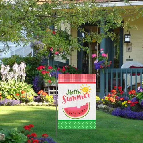 Miniatura 8 de Bandera de jardín de verano de 12 x 18 pulgadas, bandera de jardín de sandía de doble cara, bandera de arpillera a cuadros, banderas de verano