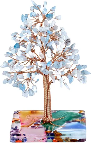 Miniatura 2 de Nupuyai Árbol de dinero de piedra de cristal aguamarina envuelto en rodajas de ágata orgón, árbol de la vida, bonsái de Feng Shui, decoración
