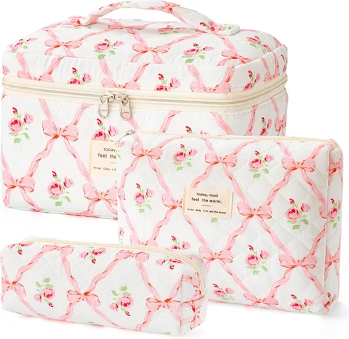 Miniatura 35 de HBselect Bolsa de Maquillaje Acolchada, 3 Piezas de Gran Bolsa de Maquillaje de Viaje de Algodón, Linda Bolsa de Maquillaje Floral Coquette, Bolsa