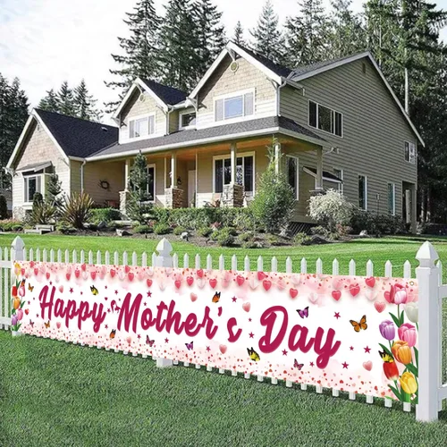 Miniatura 4 de Decoraciones para el día de la madre, pancarta de feliz día de la madre, tamaño grande, diseño floral rosa con mariposas, decoración para el día