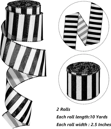 Miniatura 2 de Syhood - 20 yardas 2 rollos de cinta negra y blanca, cinta decorativa de rayas horizontales de Navidad, cinta espiral con alambre para decoración