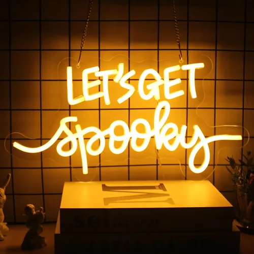 Letreros de neón con texto en inglés "Let's Get Spooky", letrero de neón para Halloween, letras amarillas, luces de neón espeluznantes para pared,