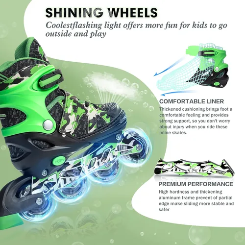 Miniatura 3 de Kuxuan Patines en línea ajustables para niños con ruedas iluminadas, divertidos patines iluminadores para niños, niñas y jóvenes Verde