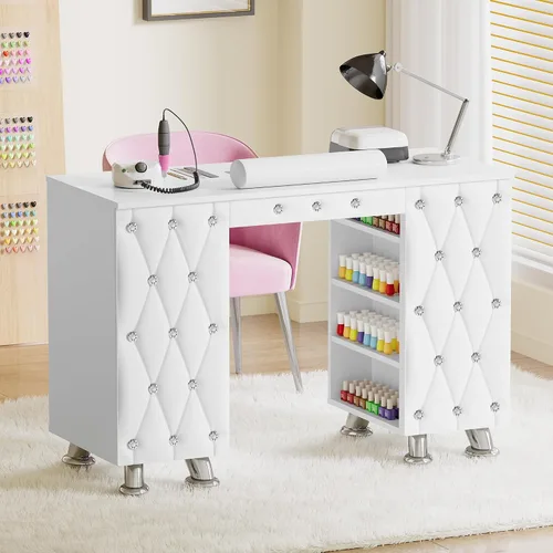 Miniatura 9 de Kikihouse Mesa de manicura, escritorio de uñas con colector de polvo y reposamuñecas, estación de trabajo resistente a acetona con cajones