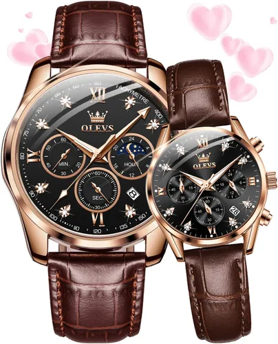 OLEVS Juego de 2 relojes de cuarzo para parejas de San Valentín, para él y ella, cronógrafo de cuero, con diamantes para hombres, mujeres, amantes