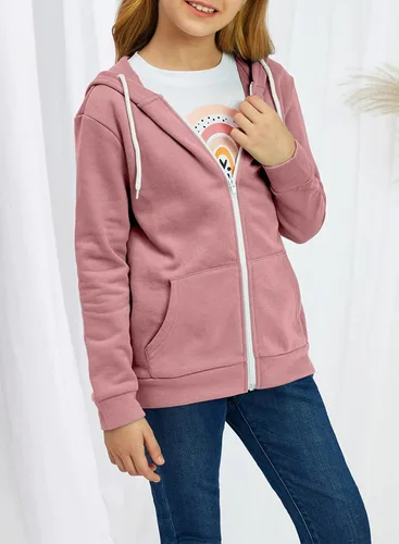 Miniatura 5 de Sidefeel Sudadera con capucha de manga larga con cremallera para niñas, abrigo casual con bolsillos 4Y-13Y