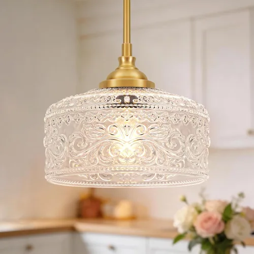 Miniatura 22 de 3 luces colgantes ajustables para isla de cocina, metal cepillado dorado y vidrio transparente, luces colgantes de latón vintage para baño, pasillo