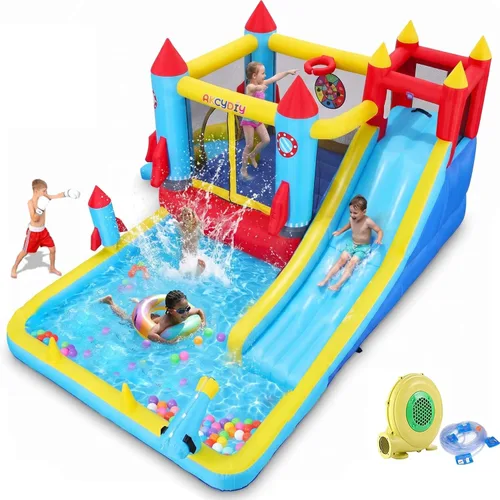 AKEYDIY Casa de Rebote, Castillo Inflable de Rebote con Soplador para Niños de 3-10, Parque Acuático de Casa de Rebote para Exteriores/Interiores