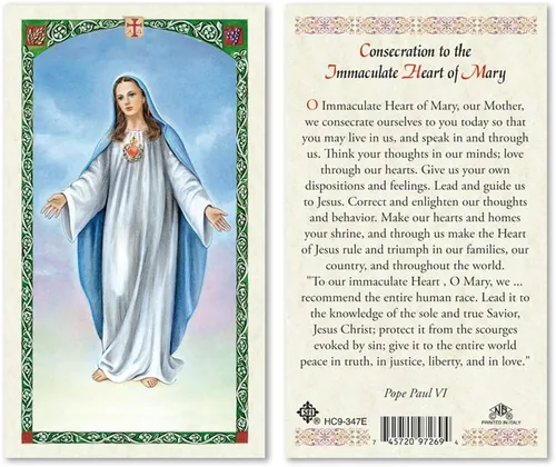 Tarjetas de oración laminadas de consagración al Inmaculado Corazón de María, Nuestra Señora de la Paz, paquete de 25