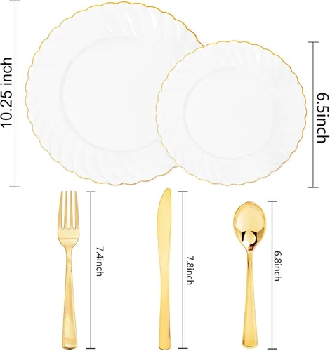 Miniatura 6 de YOUBET 125 platos de plástico blanco con borde dorado, platos dorados desechables con cubiertos dorados, incluyen 25 platos llanos, 25 platos