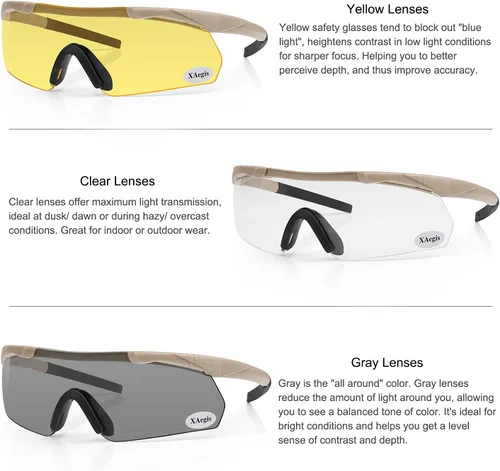 Miniatura 5 de xaegistac Tactical Shooting Glasses with 3 Interchangeable Lens High Impact Eye Protection Caqui