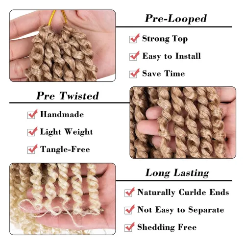 Miniatura 3 de Leeven Cabello rubio degradado de 14 pulgadas, pretrenzado y trenzado de pasión, 8 paquetes de extensiones de cabello sintético bohemio para mujeres