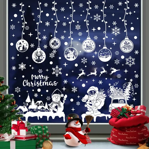 Miniatura 8 de Calcomanías navideñas para ventana, 267 unidades, reutilizables, de doble cara, impresas, autoadhesivas, decoración de ventana, Papá Noel, alce
