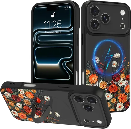 Miniatura 75 de Funda diseñada para iPhone 17 Pro Max con soporte plegable y correa para dedos, bonito patrón de lazo de corazón de flor rosa para mujeres y niñas