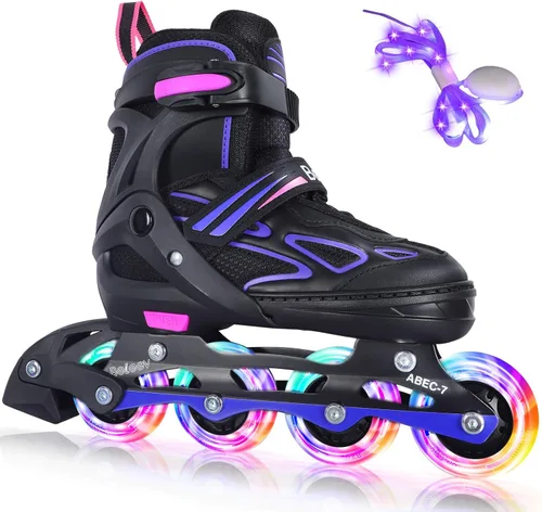 BELEEV Patines en línea con ruedas iluminadas y cordones, cuchillas ajustables de 4 tallas para niños, niños y niñas de 5-8, 8-12, 6-12, patines
