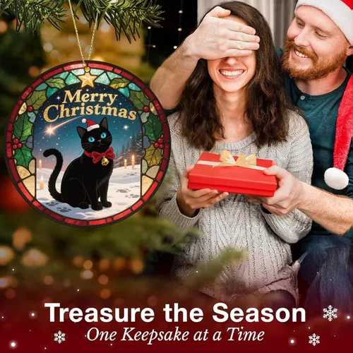Miniatura 5 de Adornos de Navidad Graciosos de Gato Negro 2025, Adornos Colgantes de Acrílico 2D para Decoraciones de Árbol de Navidad, Adornos de Navidad