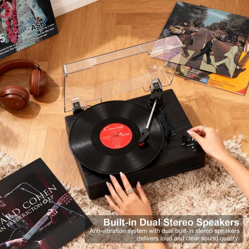 Miniatura 4 de Tocadiscos de vinilo con Bluetooth y altavoces estéreo integrados, tocadiscos vintage de 3 velocidades con parada automática, salida RCA y entrada