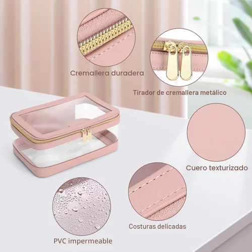 Miniatura 5 de Soimeat Bolsa de Maquillaje Transparente de Viaje con Bolsa de Brochas de Maquillaje, Estuche de Maquillaje de Cuero Bolsa de Tocador, Bolsa de Rosa