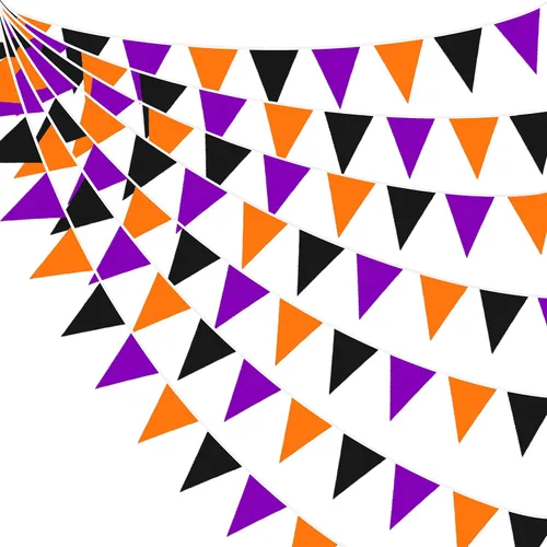 Miniatura 10 de Decoraciones de fiesta de Halloween naranja y negro de 32 pies, banderines de tela de araña, calavera y murciélagos, banderines triangulares