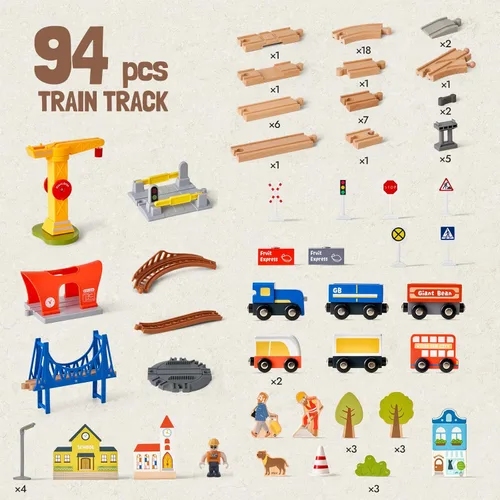 Miniatura 7 de Juego de tren de madera de 94 piezas, pista de tren de aventura moderna para niños con puente, túnel, grúa, edificios de la ciudad, compatible