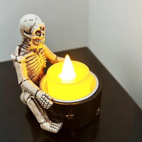 Miniatura 3 de Portavelas espeluznante – Decoración de Halloween, portavelas de calavera de esqueleto de terror, calavera de resina, estilo gótico, decoración
